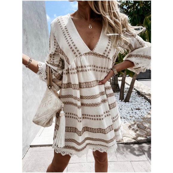 Boho Geo Stripes Floral Crochet hem Dress - Picture 7 of 8